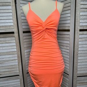 Orange Ruched Bodycon Dress with Plunge Neckline by Salty
